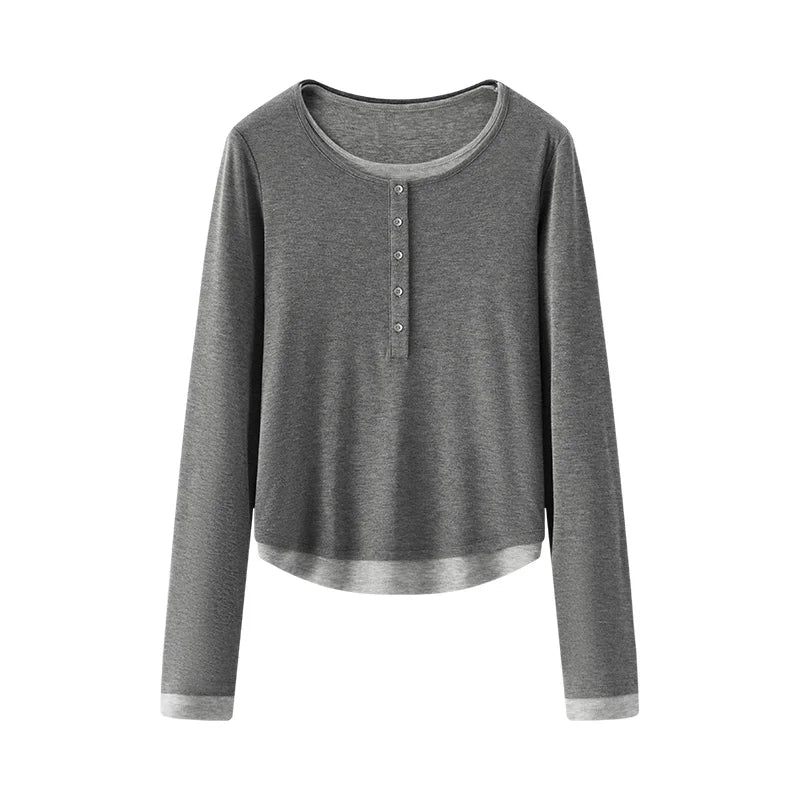 Semir Long Sleeve T-Shirt Women Short Skinny Slimming Simple 2025 Spring New Faux Two-piece Contrast Color Bottoming Shirt
