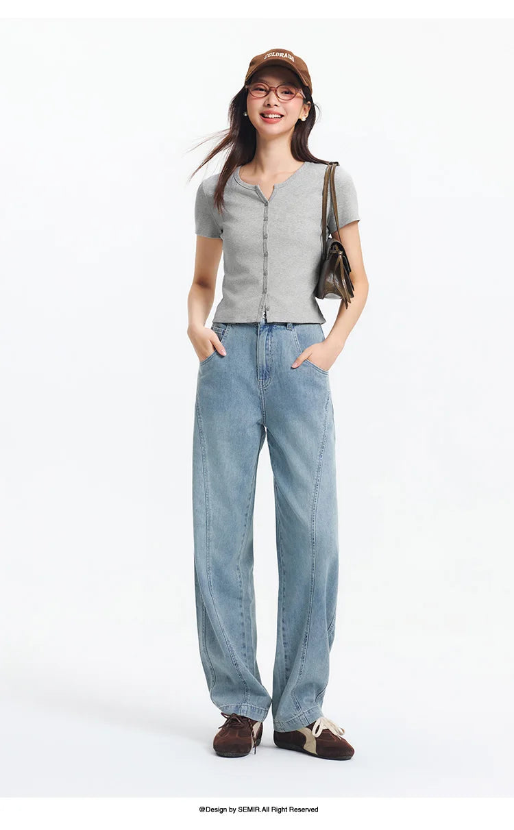 Semir Short Sleeve T-Shirt Women Cropped Petite-Friendly Elegant 2025 New Summer Embroidered Slim Fit Cardigan Versatile