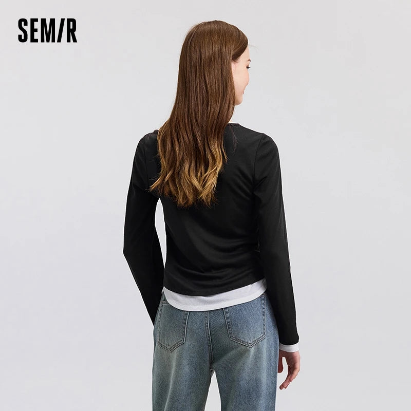 Semir Long Sleeve T-Shirt Women Short Skinny Slimming Simple 2025 Spring New Faux Two-piece Contrast Color Bottoming Shirt