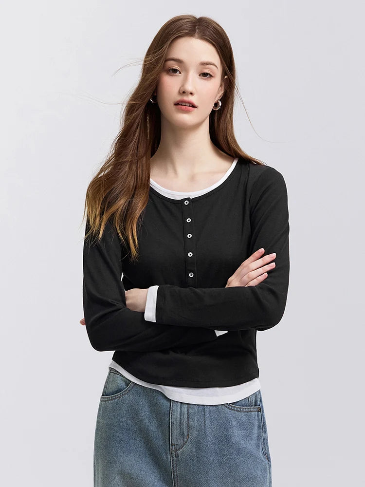 Semir Long Sleeve T-Shirt Women Short Skinny Slimming Simple 2025 Spring New Faux Two-piece Contrast Color Bottoming Shirt
