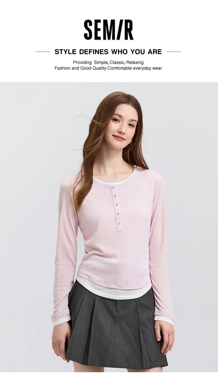 Semir Long Sleeve T-Shirt Women Short Skinny Slimming Simple 2025 Spring New Faux Two-piece Contrast Color Bottoming Shirt