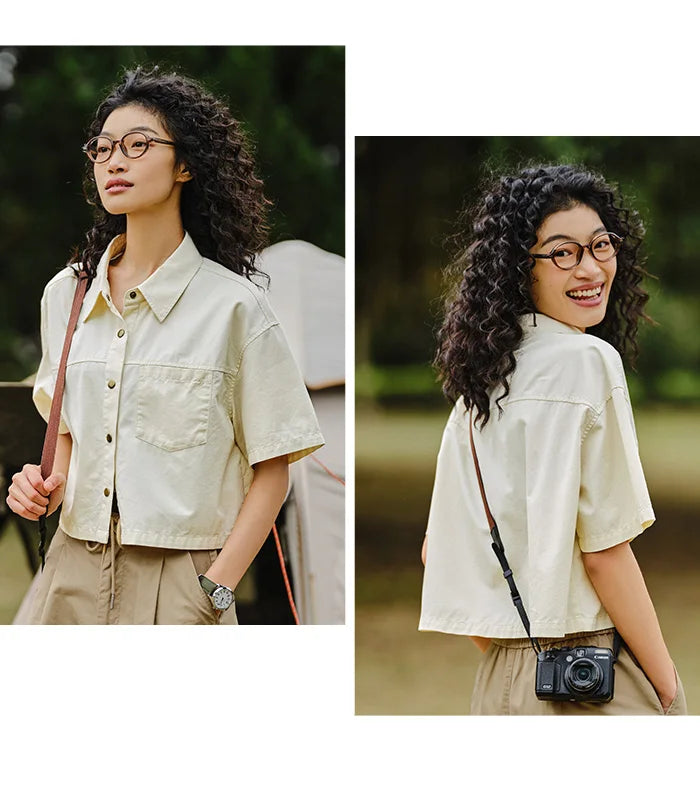 Semir Women Blouse 2024 Summer Short Blouse With Small Collar Loose Fit And Vintage-Inspired Design Shirt Female