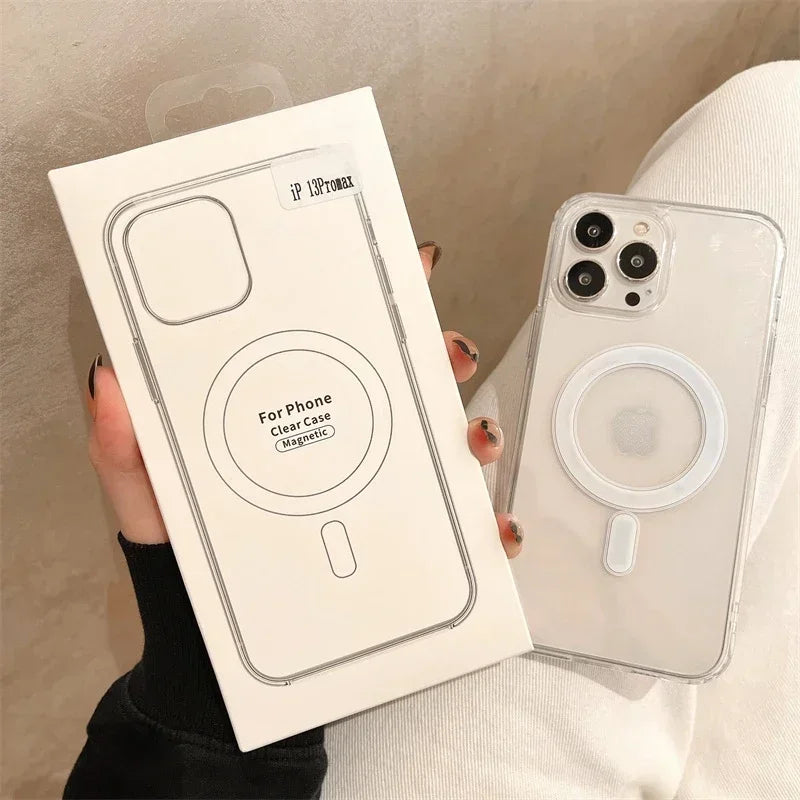 Luxury Transparet Magsafe Wireless Charging Case For iPhone16 15 14 13 12 11 Pro Max Plus Mini Magnetic Transparent Bumper Cover